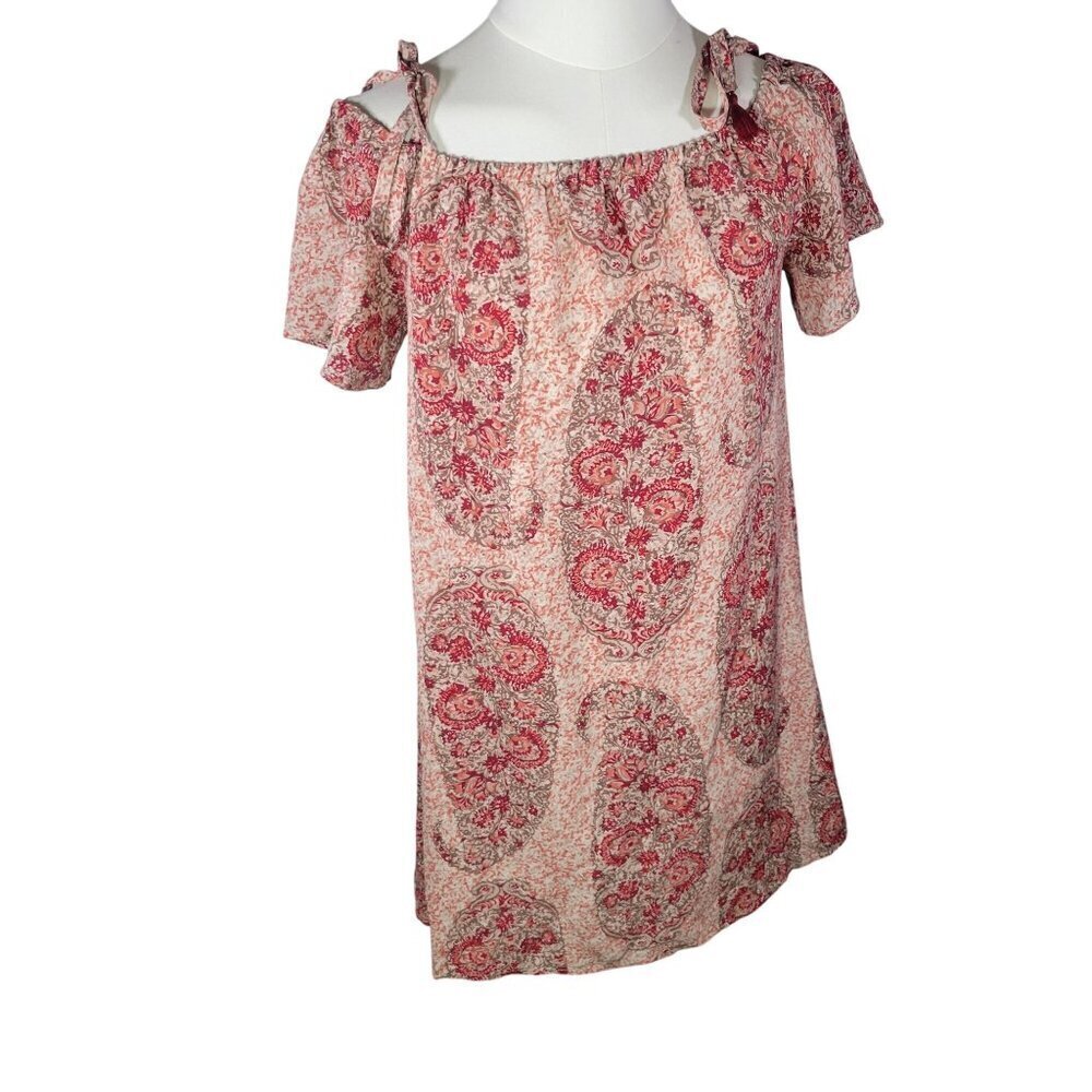 Madewell S Pink & Red Paisley Lightweight Off-Shoulder Silk Mini Dress Size S